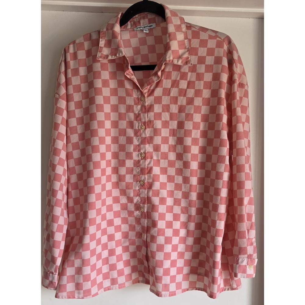 Pretty Garbage Pink Checkerboard Blouse - Size Small - Soft Girl Aesthetic